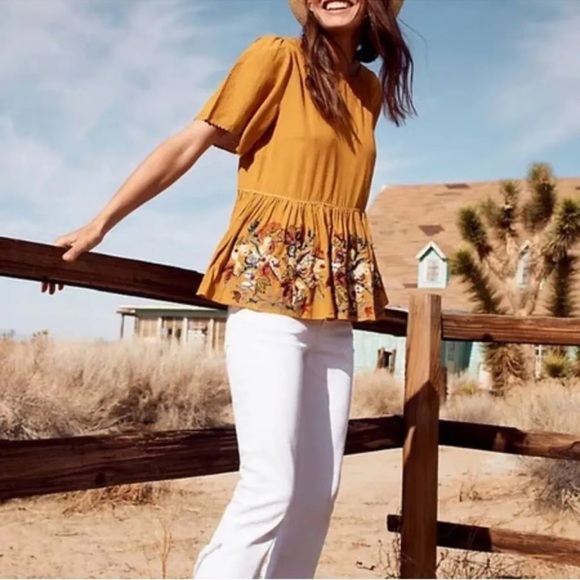 Anthropologie Bhanuni By Jyoti Yellow Embroidered Beaded Peplum Top Small - Picture 1 of 8